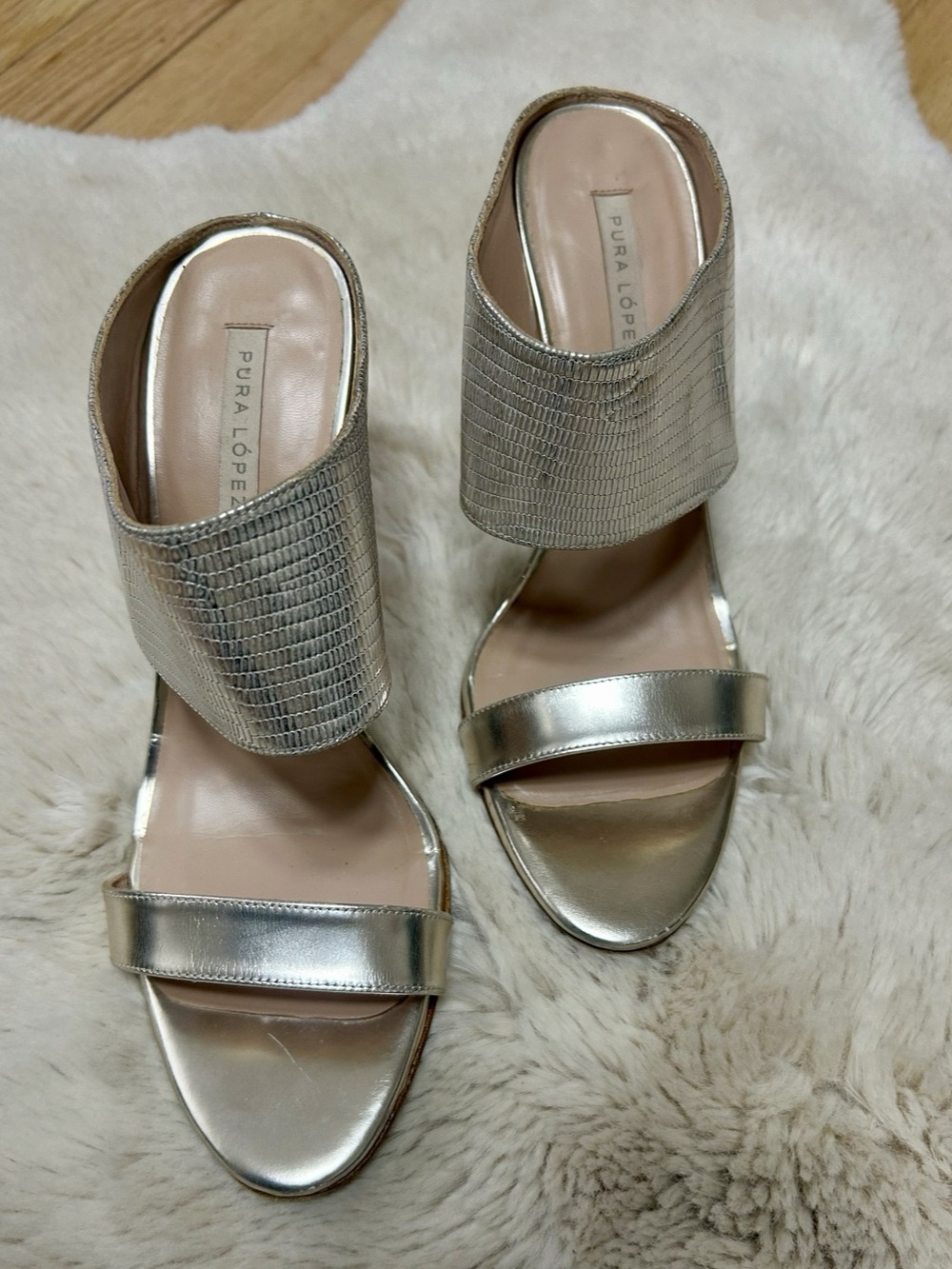 Pura Lopez Metallic Snake Skin Silver Gold Sandal Slides High Heels